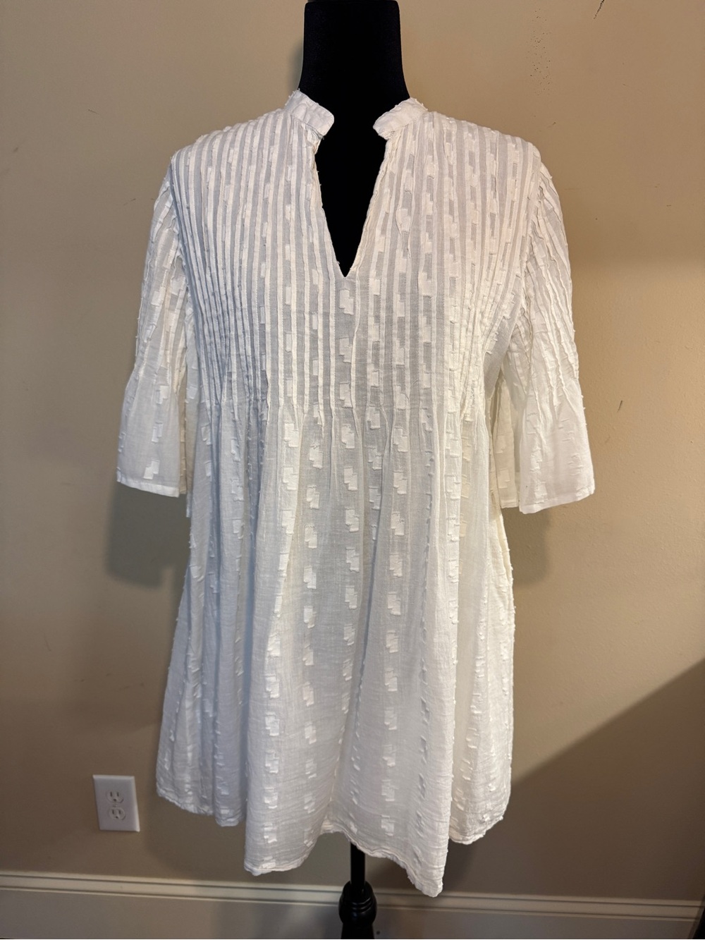 Textured White Mini Dress with Pintuck Detail